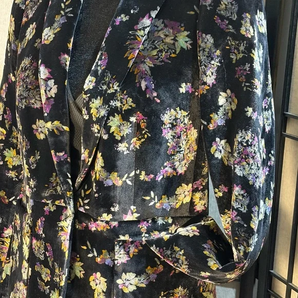 Rebecca Taylor Jewel Floral Print Velvet Blazer Size 4 Pockets Pleated shoulder